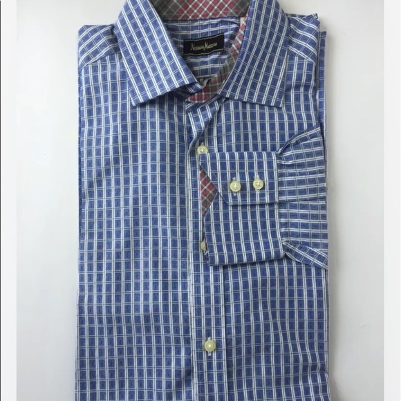 Nieman Marcus Men Long Sleeve Dress Shirt Blue White Check Medium Cotton - Picture 10 of 10